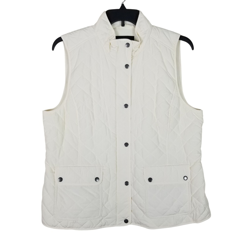 Talbots Quilted Puffer Vest Womens XL Ivory White‎ Mock Neck Snap Front 55664226
